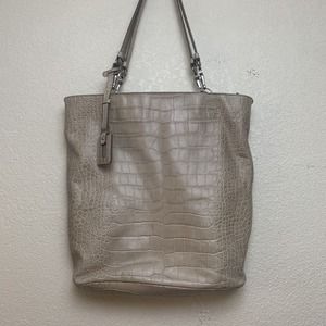 Max Mara Large Beige Croc Embossed Leather Tote Hobo Bag COTTAGECORE NUDE SKIN